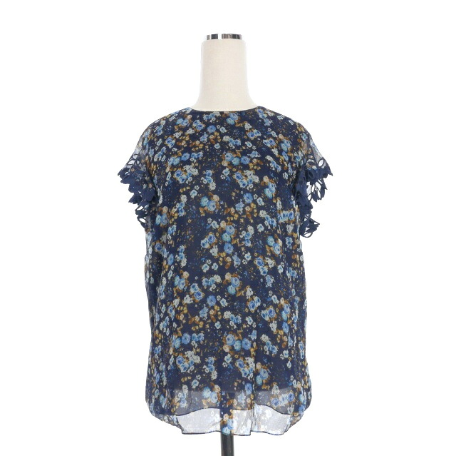 【中古】未使用品 ディースクエアード DSQUARED2 22SS Frill Top フラワープリント シルクシャツ ブラウス 半袖 38 ネイビー 紺 S72NC0989 国内正規 レディース 【ベクトル 古着】 250817