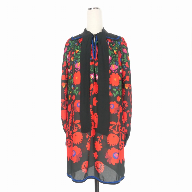 【中古】ディースクエアード DSQUARED2 22AW フラワープリント リボンタイ ロングシャツ ブラウス 長袖 38 ブラック 黒 S75CV0547 国内正規 レディース 【ベクトル 古着】 240629