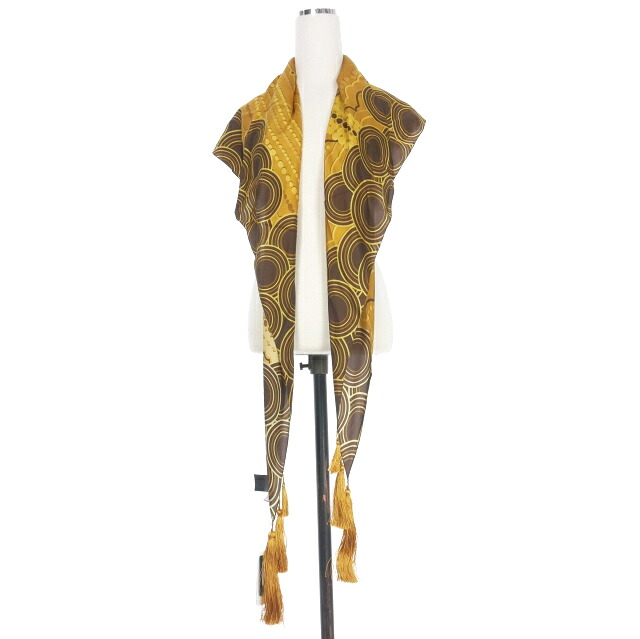 【中古】未使用品 ディースクエアード DSQUARED2 22AW 総柄プリント シルク タッセルスカーフ ストール UNI イエロー/ブラウン S83FU0005 国内正規 レディース 【ベクトル 古着】 240820