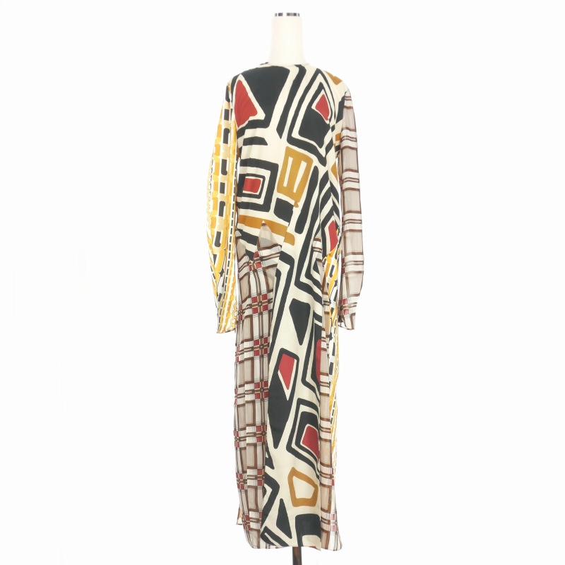 【中古】ディースクエアード DSQUARED2 22AW 総柄プリント ロングワンピース ドレス スリット 長袖 38 ベージュ S72CV0339 国内正規 レディース 【ベクトル 古着】 240701