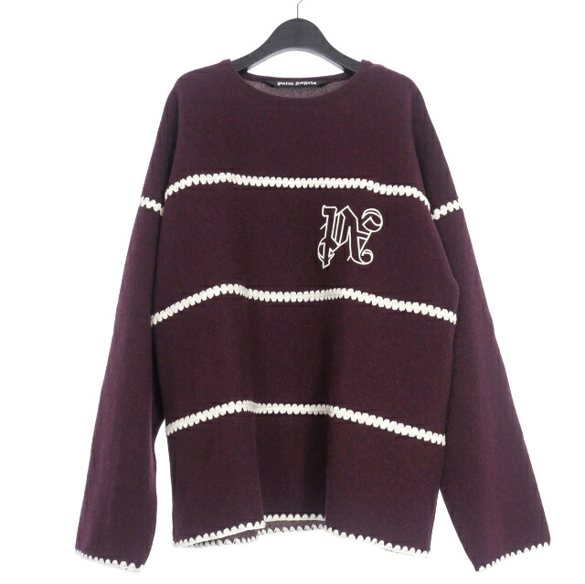 【中古】未当てはめる品 パームエンジェルス PALM ANGELS 23AW PA MONOGRAM STRIPED SWEATER 編み物 プルオーバー M ボルドーワイン PMHE23-154 国内定まり メンズ 【ベクター 古着】 250110
