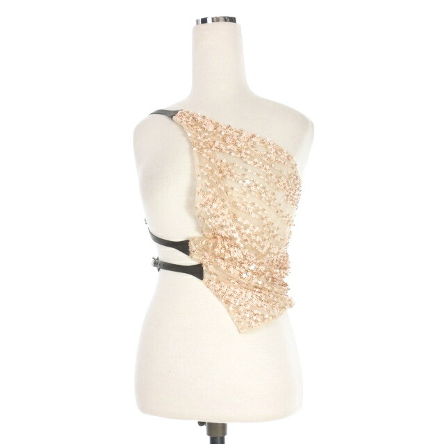 【中古】未使用品 ディースクエアード DSQUARED2 23AW Halter Embroidered Top 刺繍 スパンコール アシンメトリーホルターネックトップス カットソー ノースリーブ 38 ベージュ S72NC1041 国内正規 レディース 【ベクトル 古着】 251104