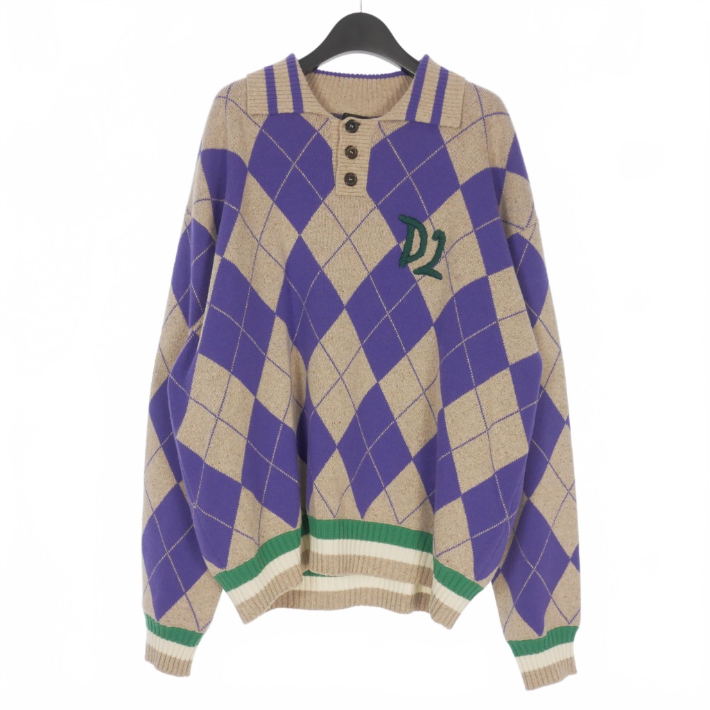 【中古】未当て嵌める品 ディースクエアード DSQUARED2 23AW D2 アーガイル 編み物ポロ スウェーター 長袖 M パープル/ベージュ S74HA1359 メンズ 【ベクター 古着】 251111