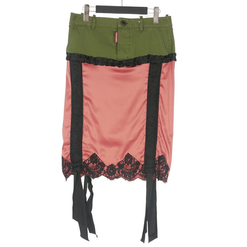【中古】未使用品 ディースクエアード DSQUARED2 23AW Lingerie Mini リボン レース ドッキングスカート 36 カーキ/ピンク/ブラック S72MA0961 国内正規 レディース 【ベクトル 古着】 251117