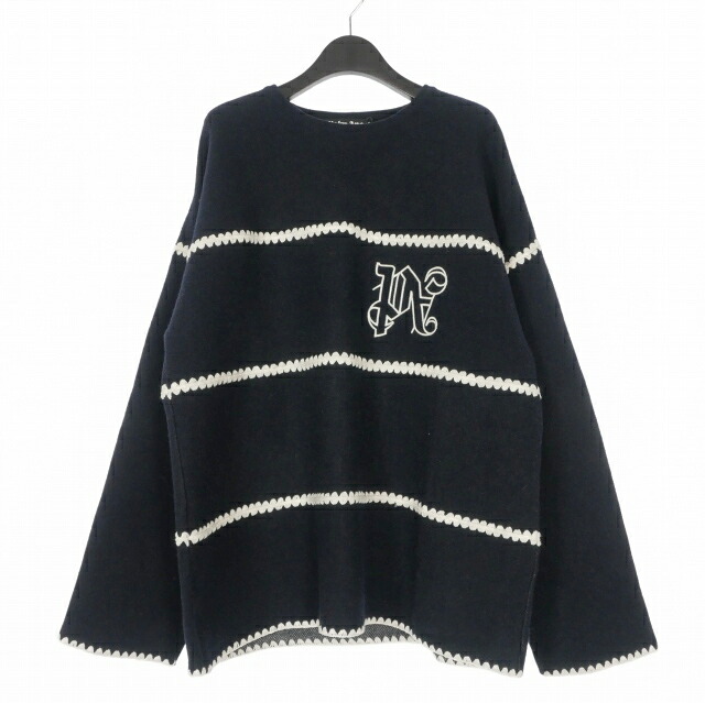 【中古】未当てはめる品 パームエンジェルス PALM ANGELS 23AW Monogram Striped Sweater ロゴタイプ刺しゅう プルオーバー 編み物 M 米国海軍 紺 PMHE048E23KNI0014603 国内定まり メンズ 【ベクター 古着】 260124