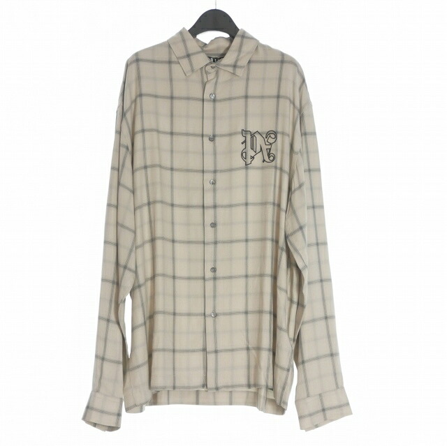 【中古】未当て嵌める品 パームエンジェルス PALM ANGELS 23AW Monogram Check Shirt ロゴタイプ刺しゅう 照合のしるしプルオーバー 心地よいプルオーバー 長袖 50 ベージュ/黒いこと PMGE010E23FAB0026110 メンズ 【ベクター 古着】 260221