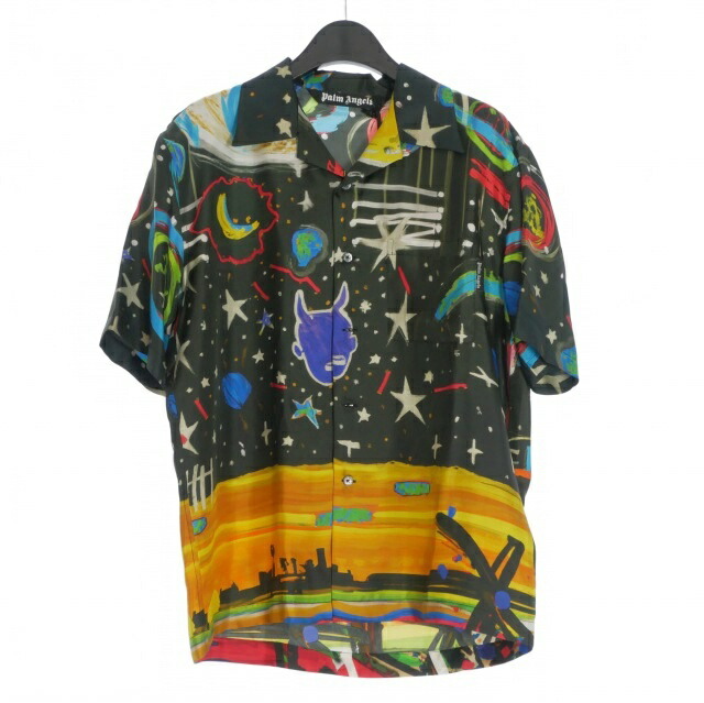 【中古】未当て嵌める品 パームエンジェルス PALM ANGELS 23AW Starry Night Bowling Shirt 地絹プルオーバー オープンカラーシャツ 半袖 46 黒 黒いこと PMGG005E23FAB0021084 メンズ 【ベクター 古着】 260221