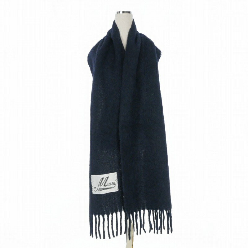 【中古】未使用品 マルニ MARNI 25AW BRUSHED ALPACA ブラッシュドアルパカ ロゴマフラー ストール UNI ネイビー 紺 ASZC0005A0 UTW918 国内正規 メンズ レディース 【ベクトル 古着】 260217