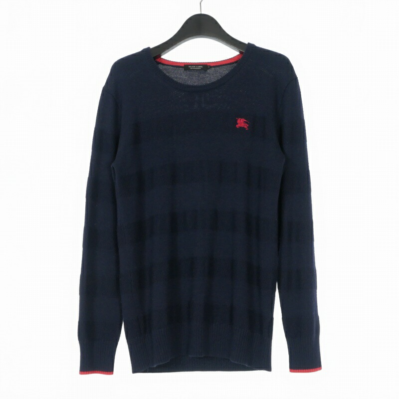 【中古】バーバリーブラックレーベル BURBERRY BLACK LABEL ロングスリーブニット セーター ロゴ刺繍 長袖 2 ネイビー 紺 D1N35-830-29 国内正規 メンズ 【ベクトル 古着】 260224