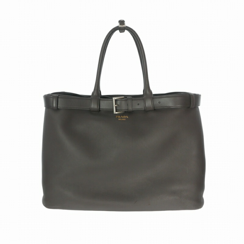 【中古】プラダ PRADA ベルト付 バックル レザー バッグ トート 鞄 ダークブラウン 茶 メンズ 【ベクトル 古着】 260704|VECTOR×Refine