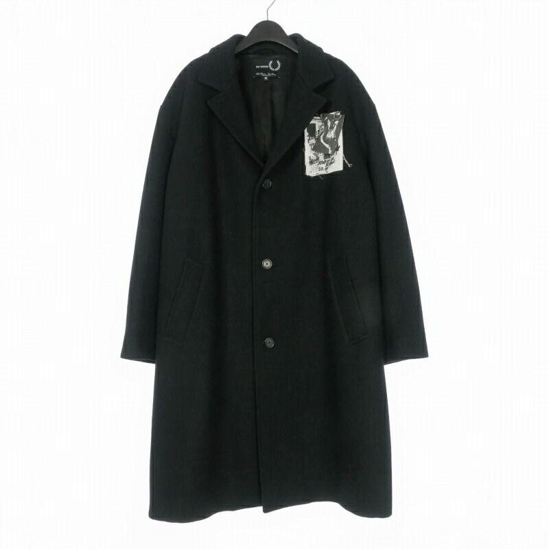 【中古】ラフシモンズ RAF SIMONS FRED PERRY 21SS PRINTED PATCH WOOL COAT ウールコート ジャケット 長袖 M ブラック 黒 SJ9026 国内正規 メンズ 【ベクトル 古着】 260302
