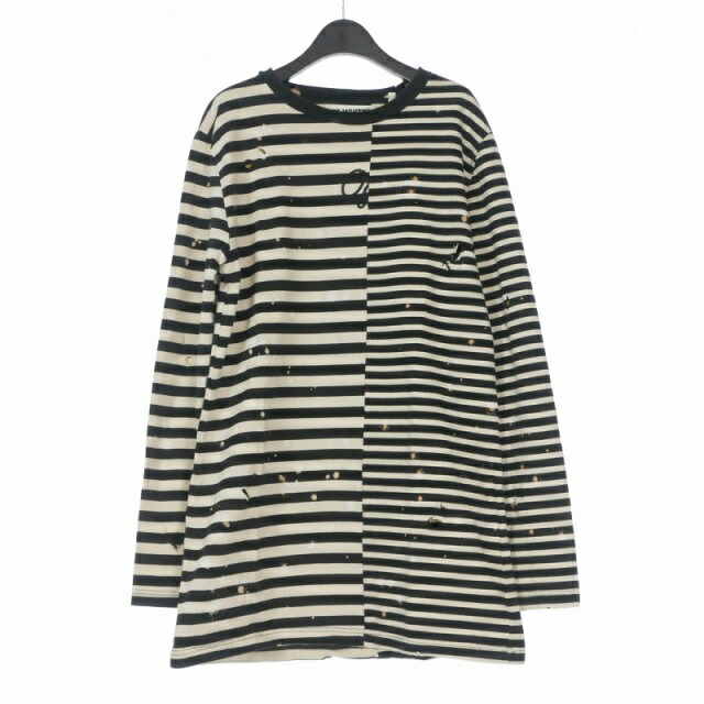 【中古】オフホワイト OFF WHITE 15AW Distressed Border L/S T-Shirt ダメージ加工 アシンメトリーボーダーTシャツ カットソー 長袖 M アイボリー/ブラック メンズ 【ベクトル 古着】 260407