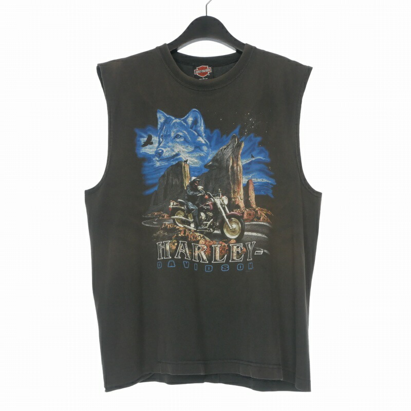 【中古】ハーレーダビッドソン HARLEY DAVIDSON 1998年 90\u0027s 狼刷り上げる グラフィック商売人プルオーバー カットソー ノースリーブ L 黒いこと 黒 メンズ 【ベクター 古着】 260620