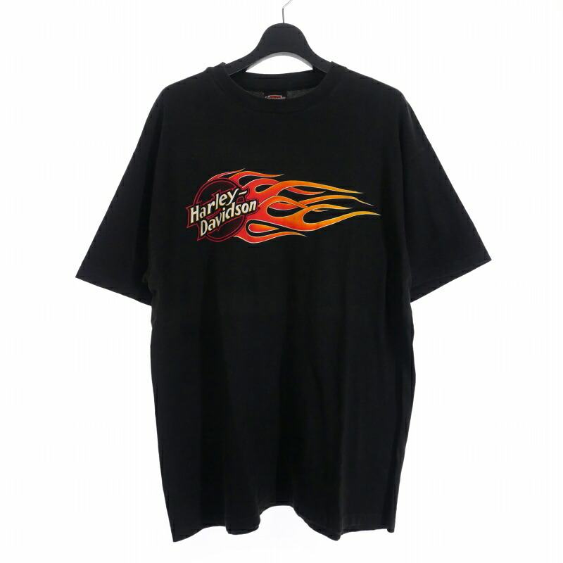 【中古】ハーレーダビッドソン HARLEY DAVIDSON 1992コピーライト アメリカ製 USA製 ヘインズ ビーフィーボディ フレイムロゴ プリント Tシャツ 半袖 XL 黒 ブラック メンズ 【ベクトル 古着】 250511