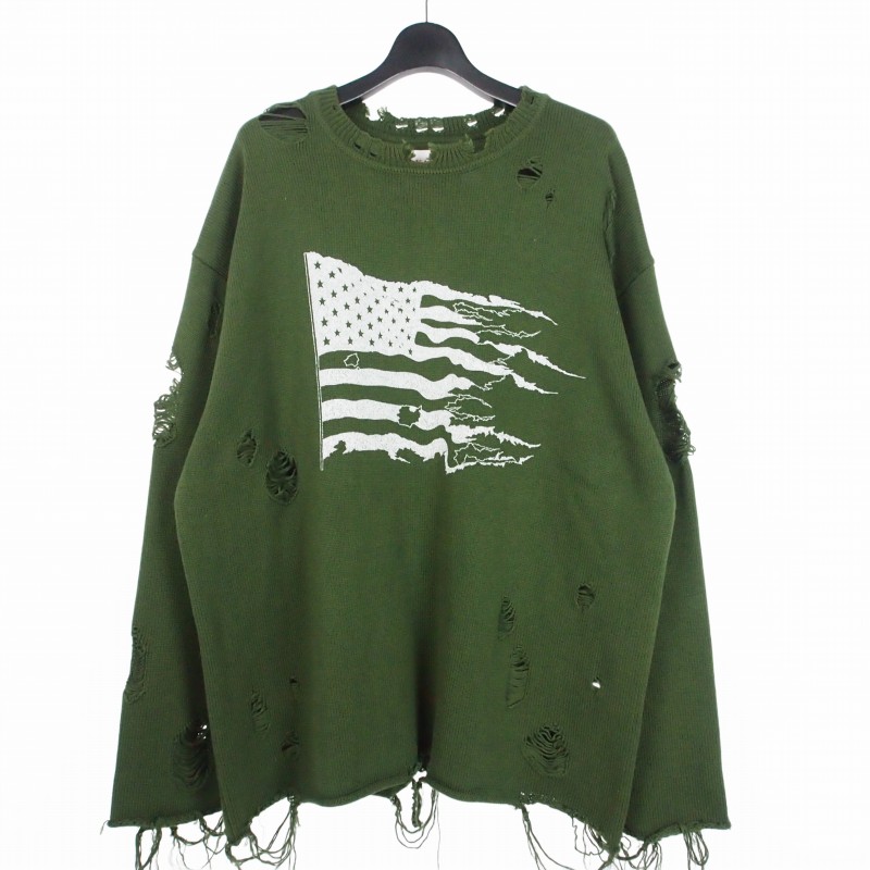 【中古】カミヤ KAMIYA Destroyed Printed Knit L/S Tee デストロイ加工 プリント ニット セーター M グリーン 緑 G11LT045 メンズ 【ベクトル 古着】 260409