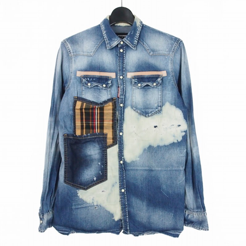 【中古】ディースクエアード DSQUARED2 21AW パッチワーク ダメージ加工 デニムシャツ 長袖 46 インディゴ S74DM0532 国内正規 メンズ 【ベクトル 古着】 260418
