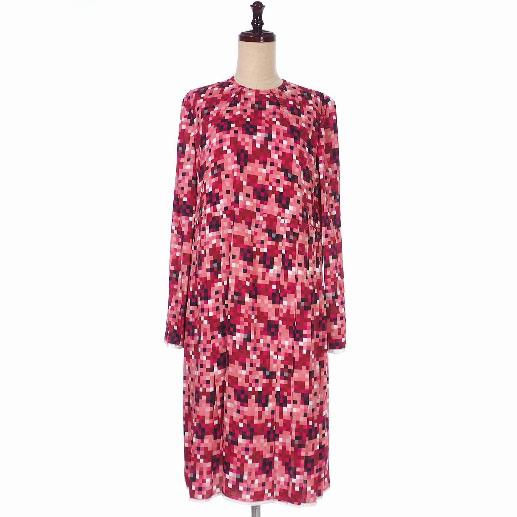 中古 未使用品 マルニ Marni 19aw 総柄 プリーツ ワンピース 長袖 シルク ドレス ひざ丈 36 ピンク Abma0393f2 国内正規 レディース ベクトル 古着 Talaberooz Com