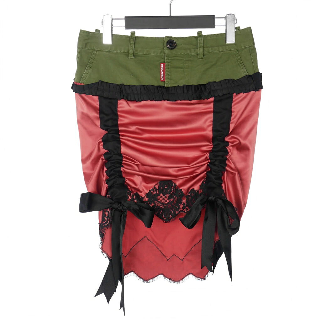 【中古】未使用品 ディースクエアード DSQUARED2 23AW ドッキングミニスカート リボン レース カーキ ピンク ブラック 黒 38 S72MA0961 国内正規 レディース 【ベクトル 古着】 260205|VECTOR×Refine
