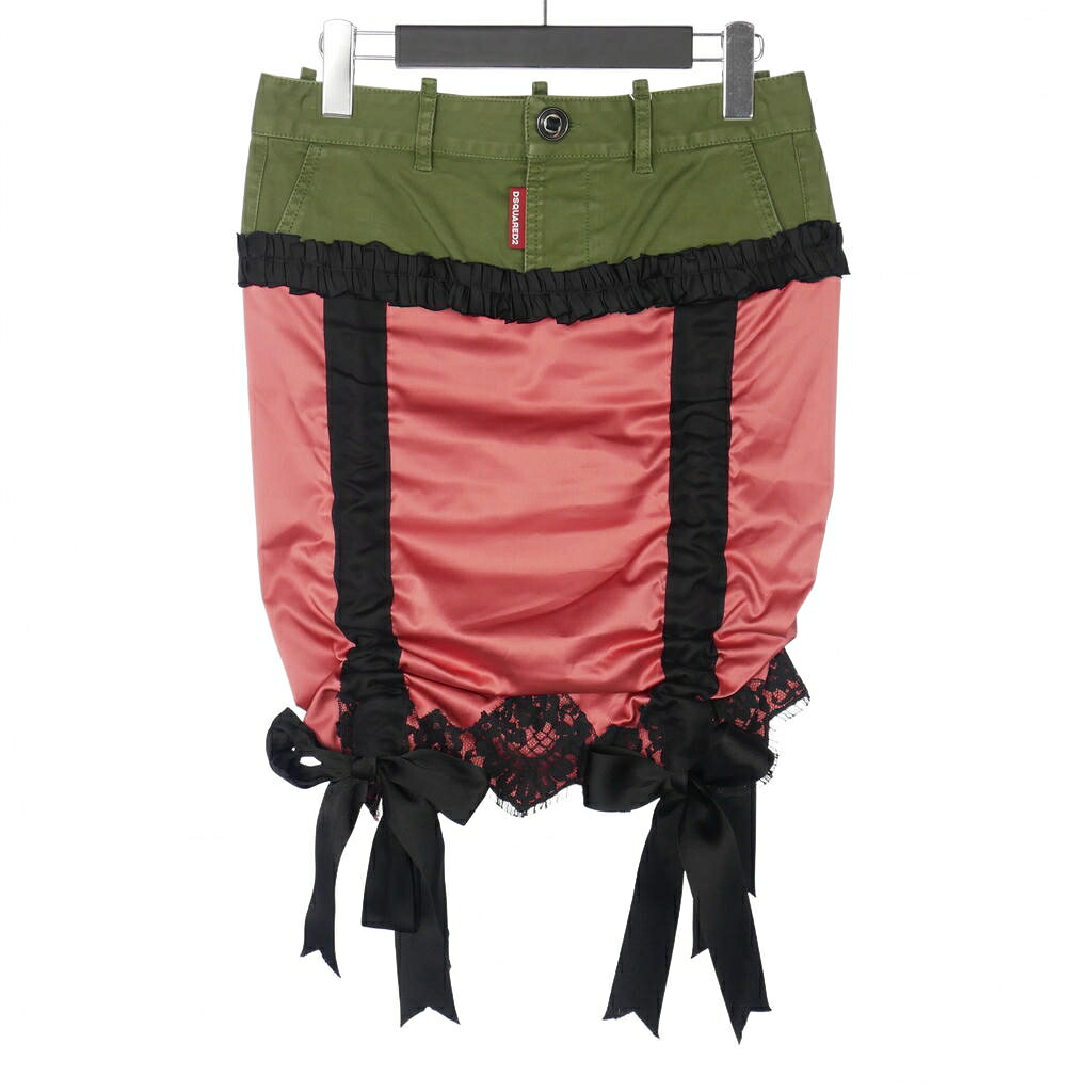 【中古】未使用品 ディースクエアード DSQUARED2 23AW ドッキングミニスカート リボン レース 36 カーキ ピンク ブラック 黒 S72MA0961 国内正規 レディース 【ベクトル 古着】 260205|VECTOR×Refine