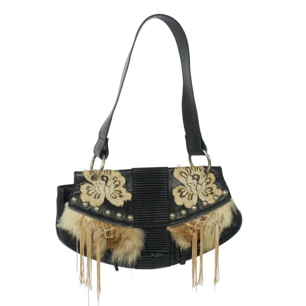 【中古】ジョンガリアーノ JOHN GALLIANO 00's アーカイブ ライダース ハンドバッグ ショルダーバッグ レザー ファー レース 黒 ブラック レディース 【ベクトル 古着】 260406