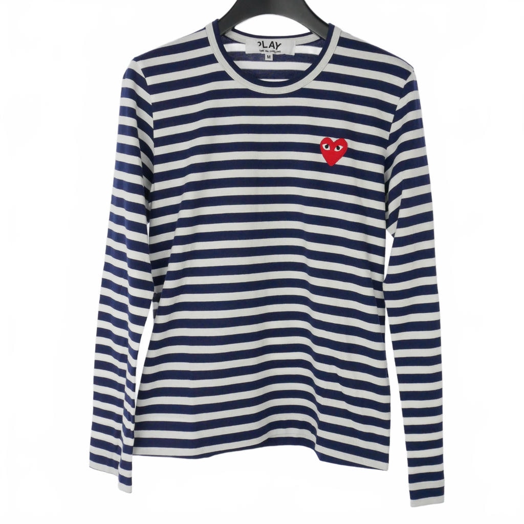 【中古】プレイコムデギャルソン PLAY COMME des GARCONS ボーダー Tシャツ カットソー ハートワッペン 長袖 丸首 Mサイズ ネイビー 紺 ホワイト 白 AZ-T009 レディース 【ベクトル 古着】 260329