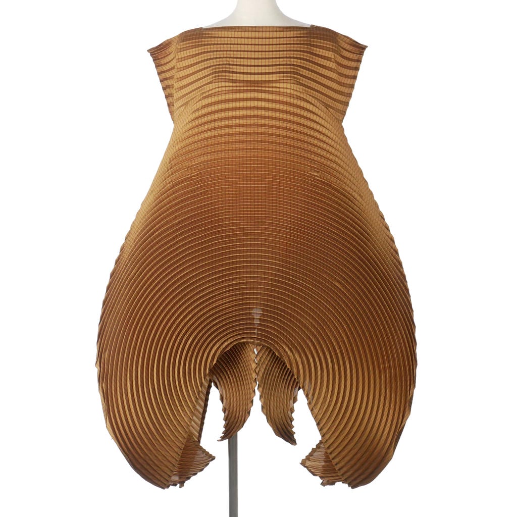 【中古】イッセイミヤケ ISSEY MIYAKE 14AW 森の鼓動 3Dスチームストレッチ リングプリーツ ワンピース ストライプ 半袖 スクエアネック 2 茶 ブラウン IM44FH613 レディース 【ベクトル 古着】 260404