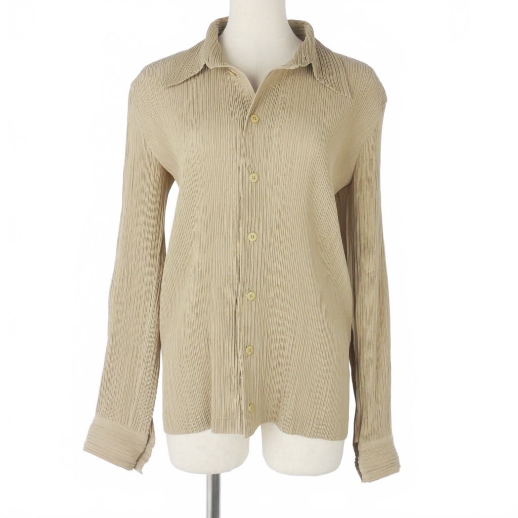 【中古】イッセイミヤケ ISSEY MIYAKE プリーツ シャツ ブラウス 長袖 無地 Mサイズ ベージュ IM63-FJ908 レディース 【ベクトル 古着】 260327