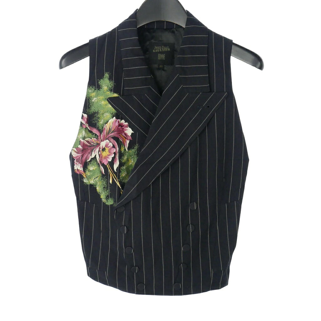 【中古】ジャンポールゴルチエ オム Jean Paul GAULTIER HOMME ベスト ジレ ストライプ プリント バックベルト 48 紺 ネイビー 黒 ブラック メンズ 【ベクトル 古着】 260605|VECTOR×Refine