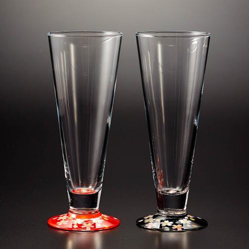 名入れ ビアグラス\u003cBR\u003eぬりもん de Verre\u003cBR\u003eピルスナー 蒔絵 桜 ペアビアグラス 桜 赤黒有りの実書き割り\u003cBR\u003e名入れ 紀州塗師細工水のみ