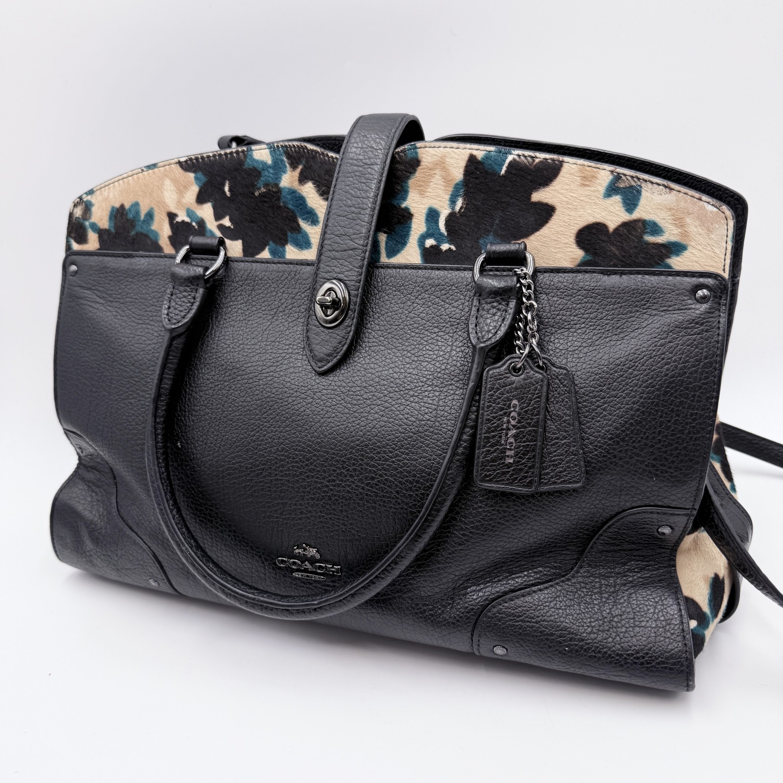 COACH（コーチ）マーサー サッチェル 30 ハンドバッグ／ショルダーバッグ ブラック レザー フラワー柄ハラコ 2WAY レディース
