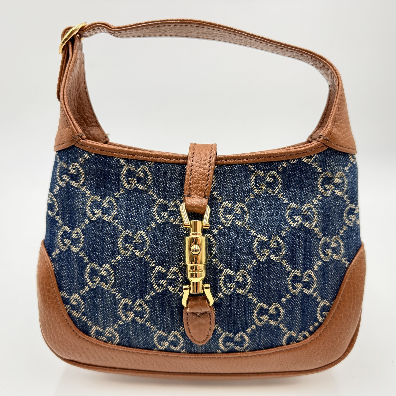 GUCCI（グッチ）ジャッキー1961 GGデニム ミニバッグ ショルダーバッグ／ハンドバッグ ネイビー系デニム×ブラウンレザー ゴールドトーン金具 レディース