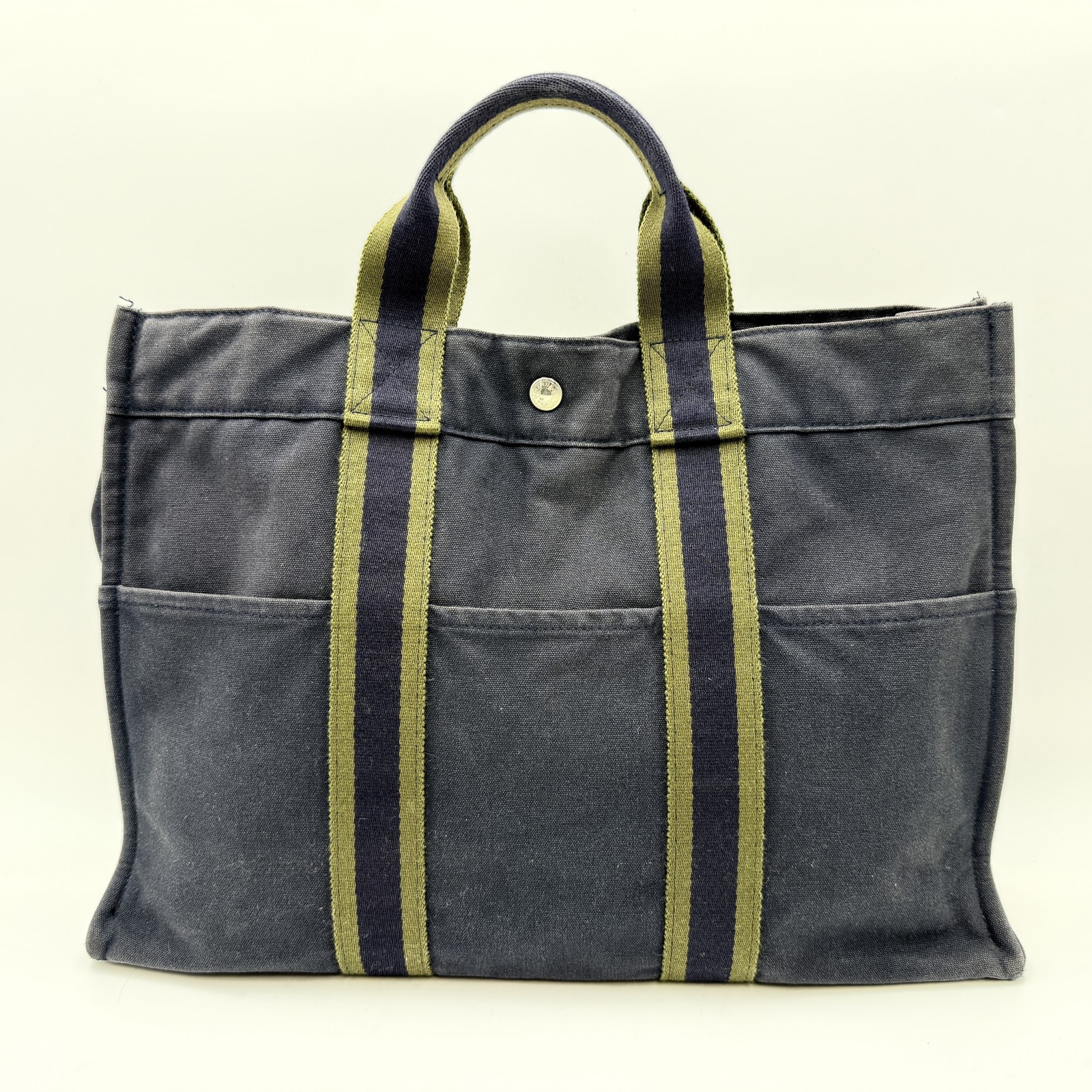 HERMES（エルメス）フールトゥPM トートバッグ ハンドバッグ キャンバス ネイビー×グリーン フロントポケット スナップボタン開閉 レディース メンズ ユニセックス
