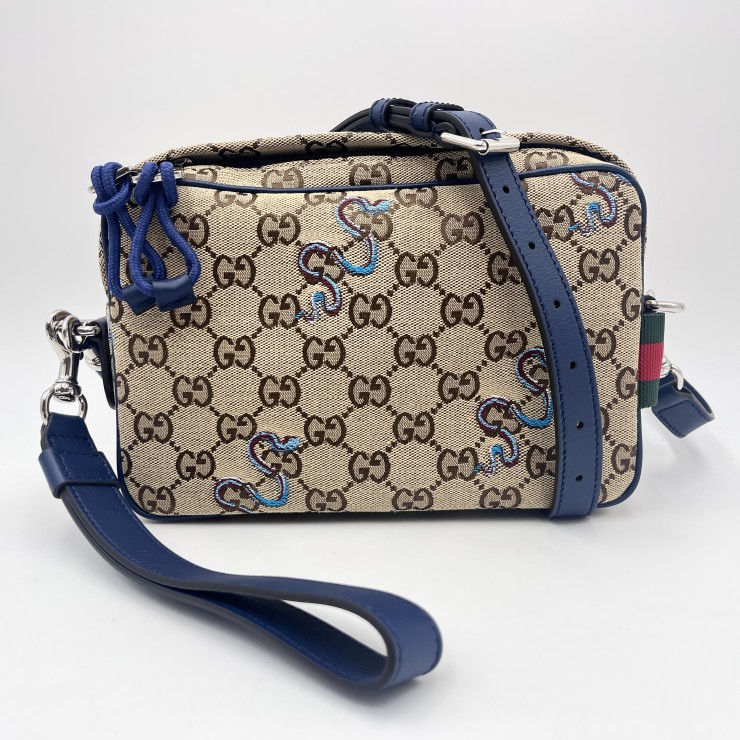 GUCCI(グッチ)GGキャンバス スネーク刺繍 ショルダーバッグ ベージュ ブルー レザー 斜め掛け ユニセックス 87771-520981【中古】|VALORA Vintage Tokyo 店