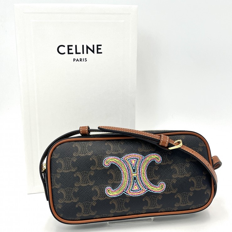 CELINE(セリーヌ)トリオンフ ミニカメラバッグ ショルダーバッグ レインボー刺繍 PVC レザー ブラウン レディース 10I512CZ1【中古】|VALORA Vintage Tokyo 店