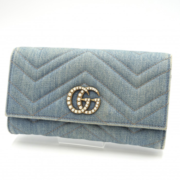GUCCI(グッチ)GGマーモント ヴィンテージ 長財布 デニム ライトブルー パールGG ゴールド金具 レディース【中古】|VALORA Vintage Tokyo 店