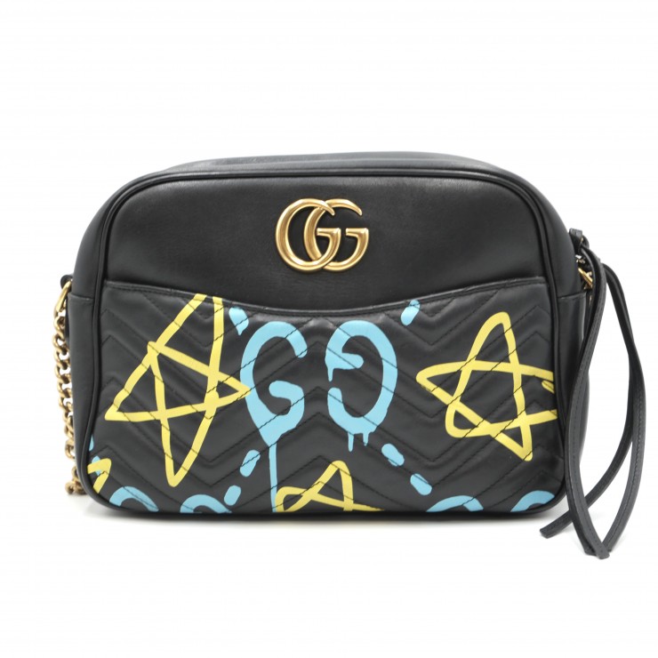 GUCCI（グッチ）GGマーモント ゴースト ショルダーバッグ チェーンショルダーバッグ ブラック レザー グラフィティプリント ゴールド金具 レディース 448065【中古】｜VALORA Vintage Tokyo 店