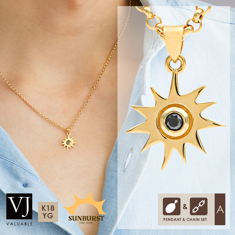 18金 ネックレス メンズ 18k イエローゴールド 「 The SUN ブラック ダイヤモンド ペンダント 」 ロール チェーン [ Aセット ]※長さ45cm 50cmから選択[ K18 太陽 黒 インディアン ジュエリー アメリカ ブランド sun ネイティブ ハワイアン あずき シンプル 10k ]｜VALUABLE 店