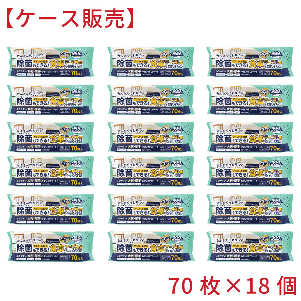 【期間限定!対象商品P2～20倍】 除菌もできる！ 食卓テーブル用ウェットタオル 70枚入×18個【ケース販売】 1個