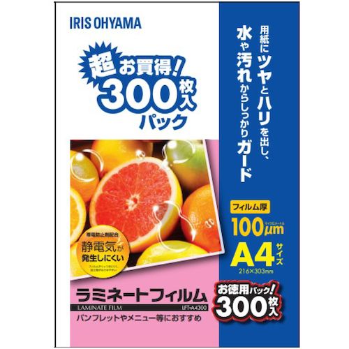【期間限定!対象商品P2～20倍】 ＩＲＩＳ　２９８９９９　ラミネートフィルム帯電抑制１００μｍ　Ａ４サイズ　３００枚入　1箱 (LFTA4300)