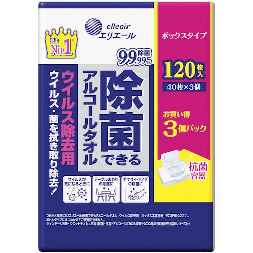 【期間限定!対象商品P2～20倍】 エリエール　ウェットティッシュ　除菌できるアルコールタオル　ウイルス除去用　ボックス　つめかえ用　４０枚×３Ｐ 1CS