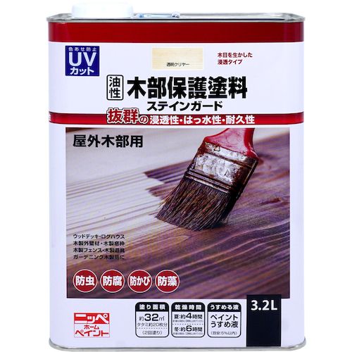 【期間限定!対象商品P2～20倍】 ニッぺ　油性木部保護塗料ステインガード　３．２Ｌ　とうめい 1缶