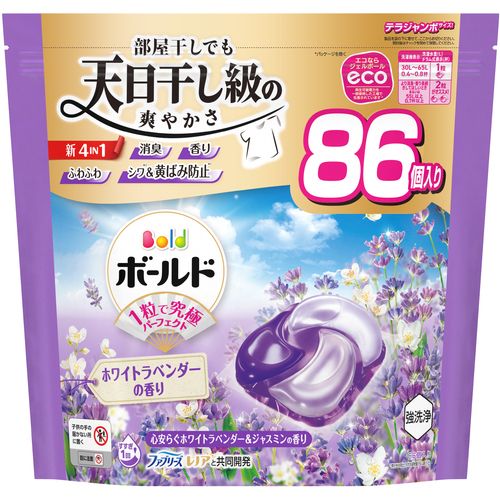 【SS制限事項 38万商いもの以上10%OFF】 Ｐ＆Ｇ 洗い濯ぎ中性洗剤 黒板  ジェルボール ４ｉｎ１ 心安らぐ白いことラベンダー＆ジャスミンの芳ばしさ 詰め替え テラジャンボ ８６個 3個