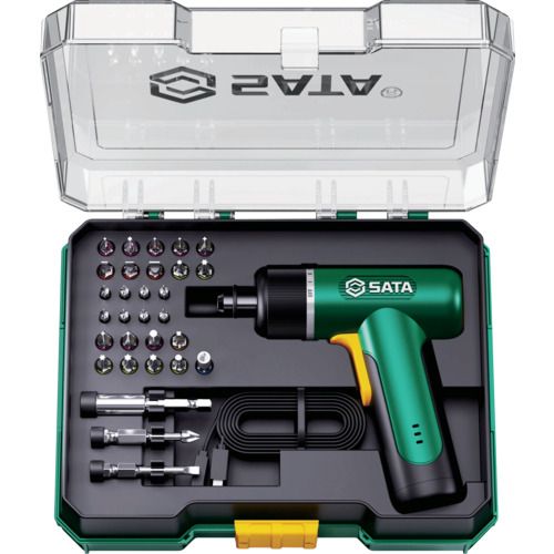 【期間限定!対象商品P2～20倍】 ＳＡＴＡ　３．７Ｖ　充電式電動ドライバー（ピストル型）３２点セット 1Ｓ