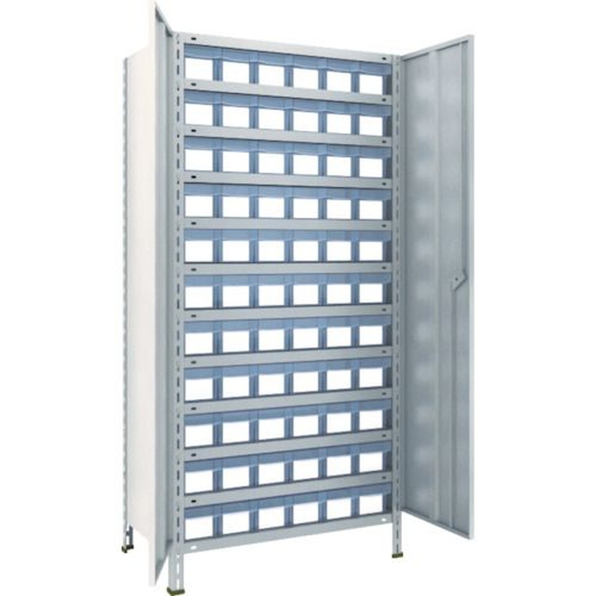 【期間限定!対象商品P2～20倍】 ＴＲＵＳＣＯ　スチールラック　軽量棚扉付　８７５Ｘ４５０Ｘ１８００樹脂引出透明小Ｘ６６　ネオグレー　1台 (63XT812C11)｜福祉用具のバリューケア