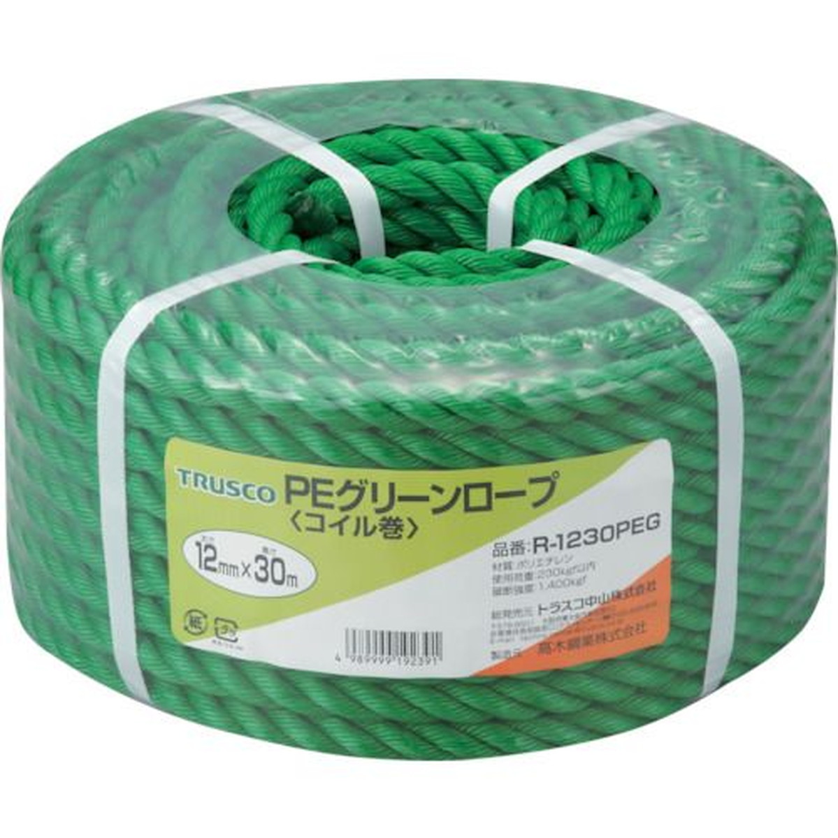 【期間限定!対象商品P2～20倍】 ＴＲＵＳＣＯ　ＰＥグリーンロープ　３つ打　線径１２ｍｍＸ長さ３０ｍ　1巻 (R1230PEG)