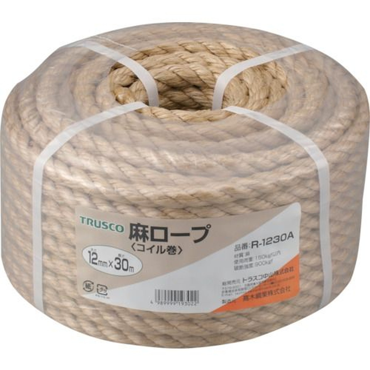 【期間限定!対象商品P2～20倍】 ＴＲＵＳＣＯ　麻ロープ　３つ打　線径１２ｍｍＸ長さ３０ｍ　1巻 (R1230A)