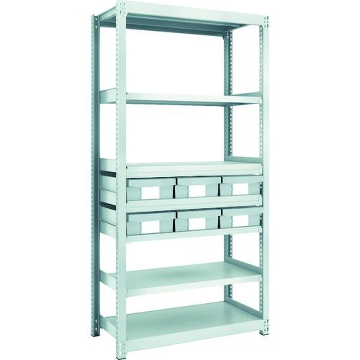 【期間限定!対象商品P2～20倍】 ＴＲＵＳＣＯ　スチール製軽中量ボルトレス棚　Ｍ２型　樹脂ネオグレー引出付　Ｗ８６０×Ｄ４５０×Ｈ１８００　大×６　1台 (M26347F6)