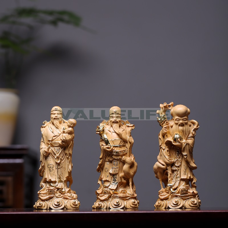 小葉黄楊木精彫刻 描金 福禄寿三星 納福 実木彫刻 開運 長寿祝福