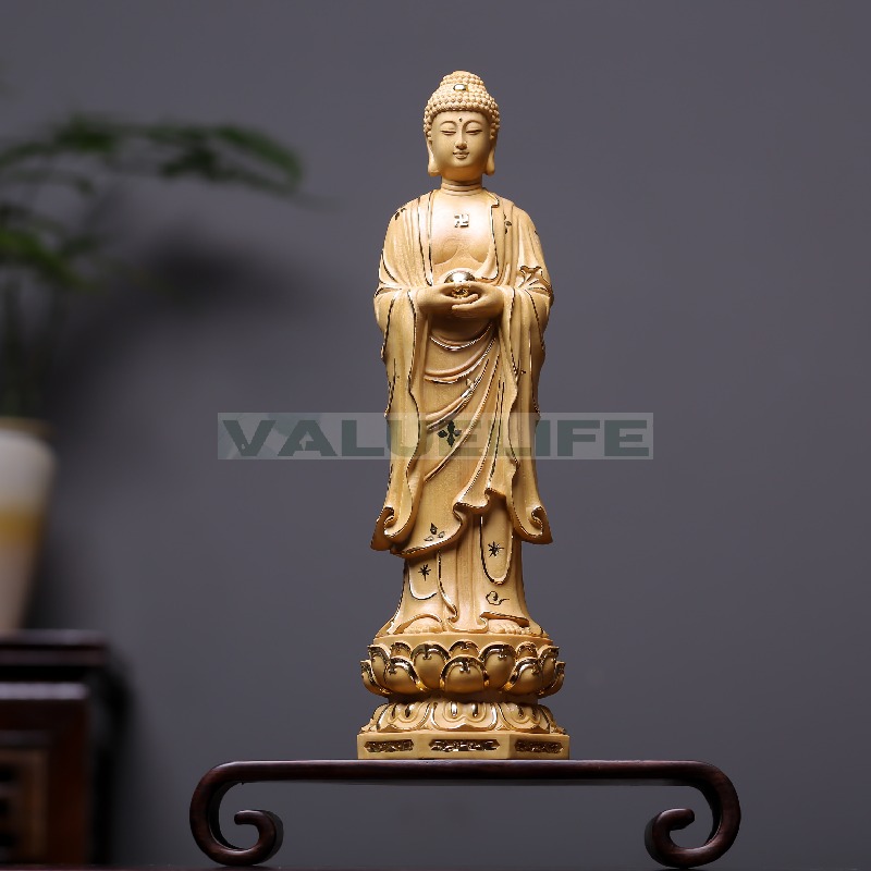 小葉黄楊木彫 描金駅金 釈迦摩尼如来 仏陀像 阿弥陀仏 極彩色 彫刻 開運仏像