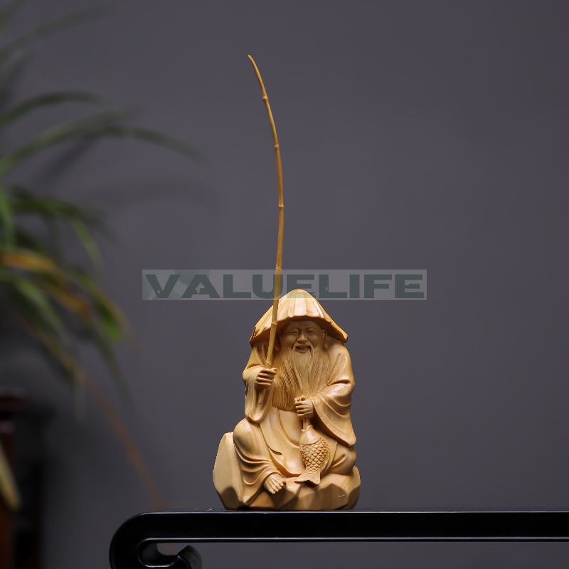 小葉黄楊 手作り 木彫り 漁翁 手彫り 精工 開運